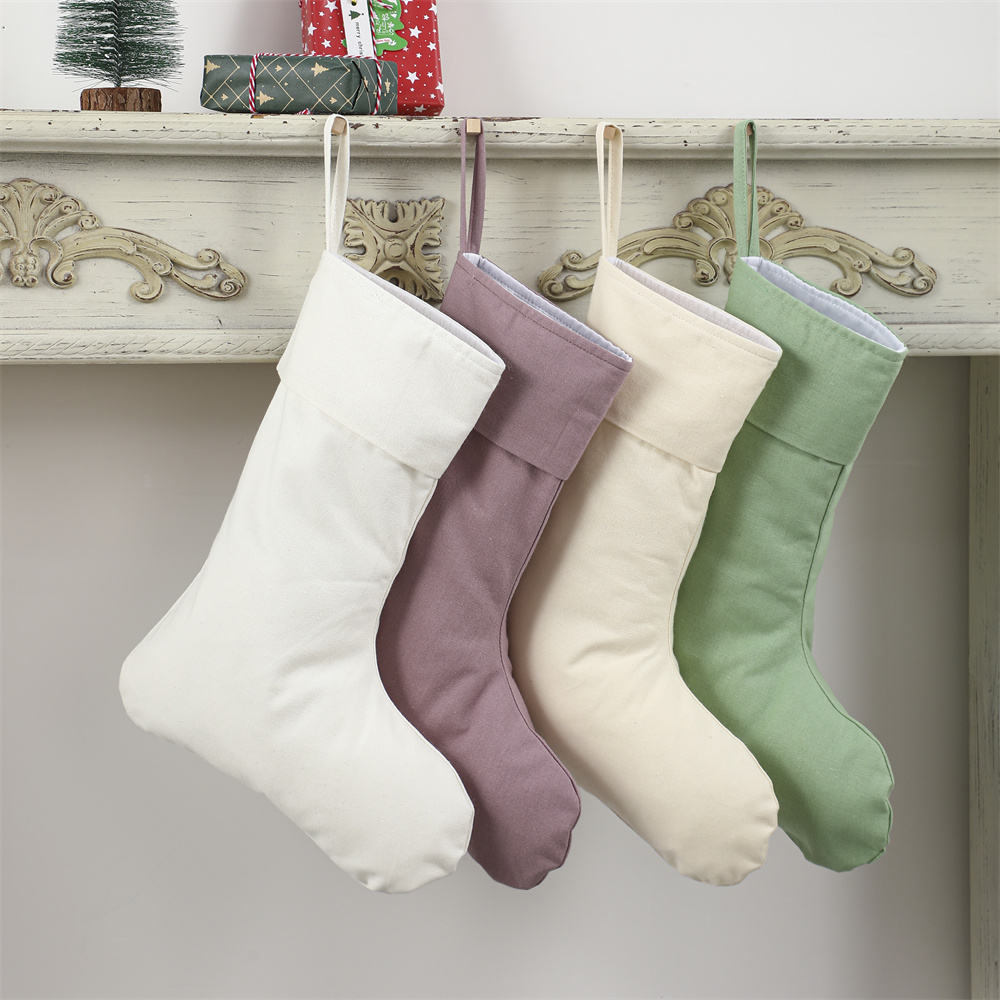 Christmas Stocking Hanging - リネン製クリスマスストッキング、ナチュラル無地ソックス、暖炉に吊るすタイプ、家の装飾用、モノグラム入り