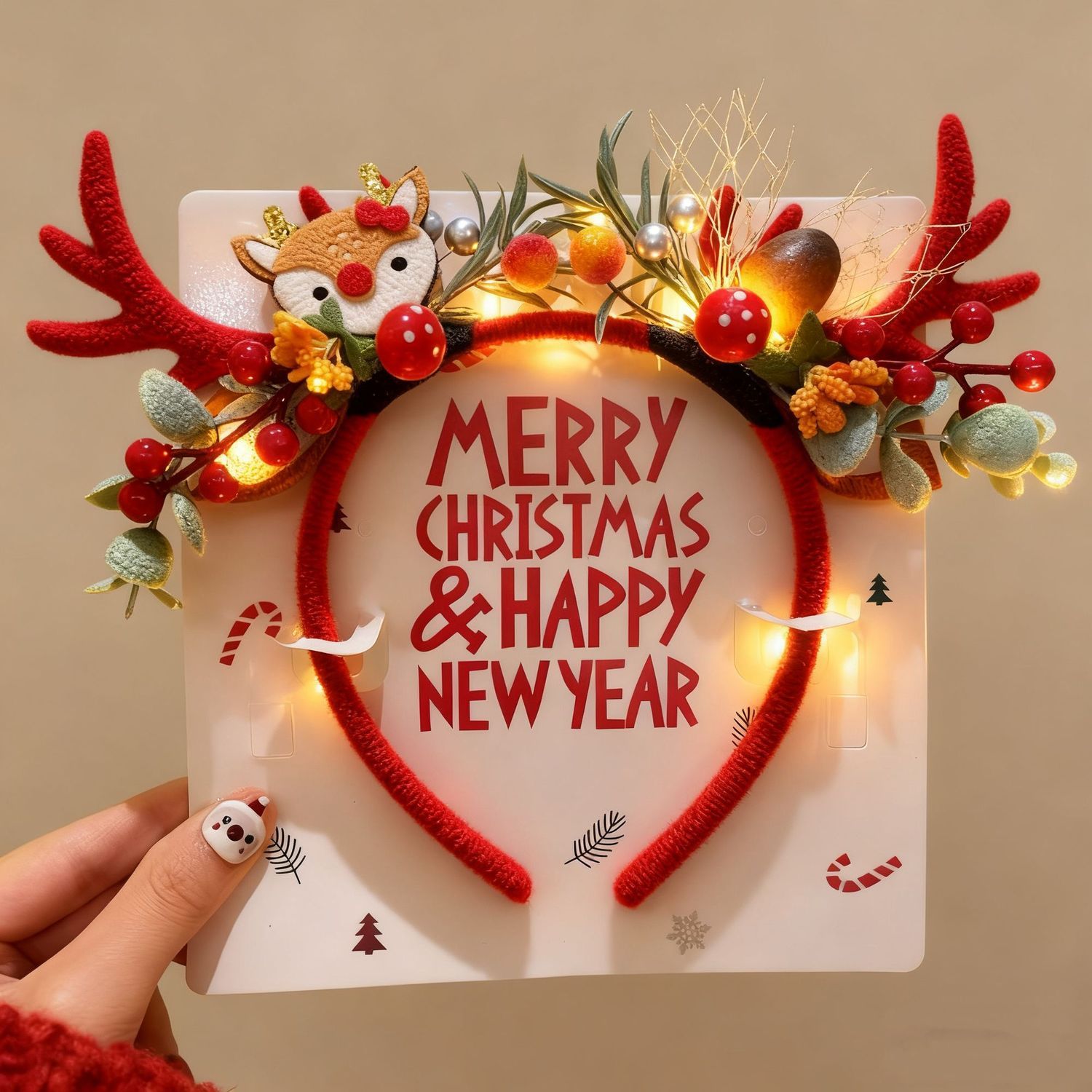Reindeer Antlers Headband - クリスマスのトナカイの角のヘッドバンド、LEDライトアップ付きの赤いぬいぐるみクリスマスヘアフープ、ベリーキノコ付き、女性と子供向けのホリデーパーティー用