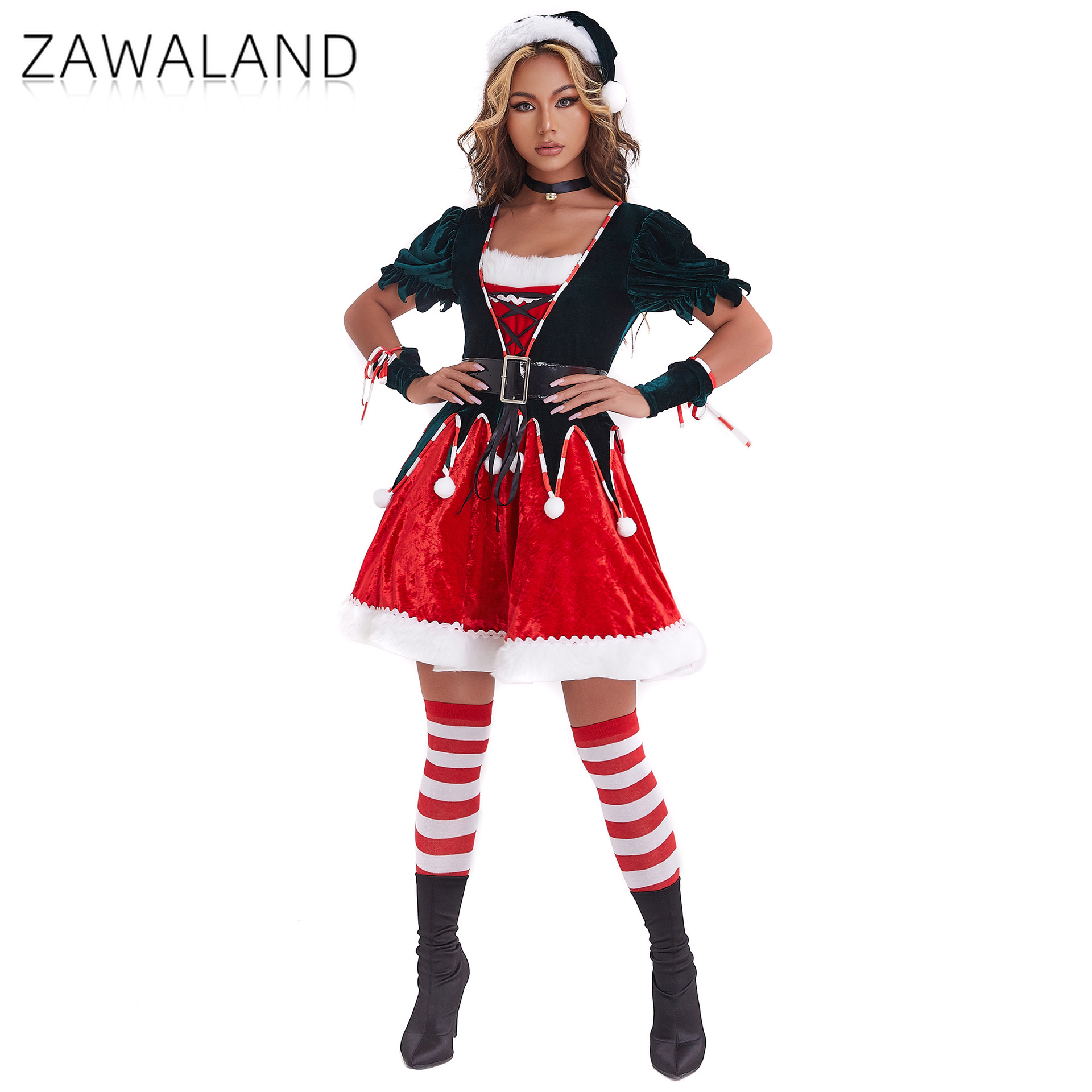 Elf Costume Christmas - クリスマスエルフコスプレドレス女性ベルベットAラインドレス手袋付きクリスマスステージパフォーマンス衣装冬祭りパーティー衣装