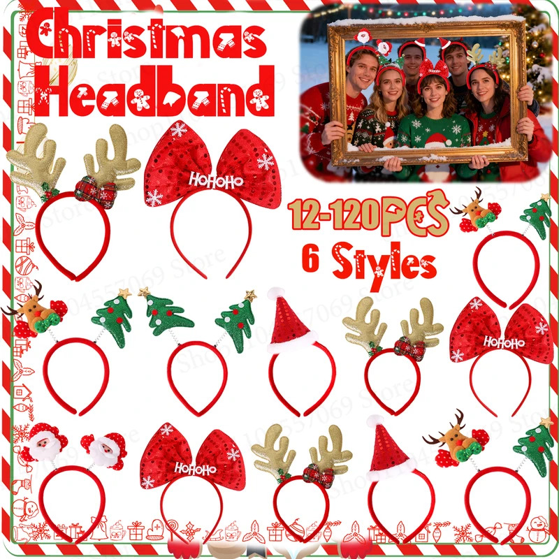 Reindeer Antlers Headband - 12-120 個クリスマスヘッドバンドクリスマスパーティーの装飾トナカイの角雪だるまサンタクロースヘアバンド新年の記念品