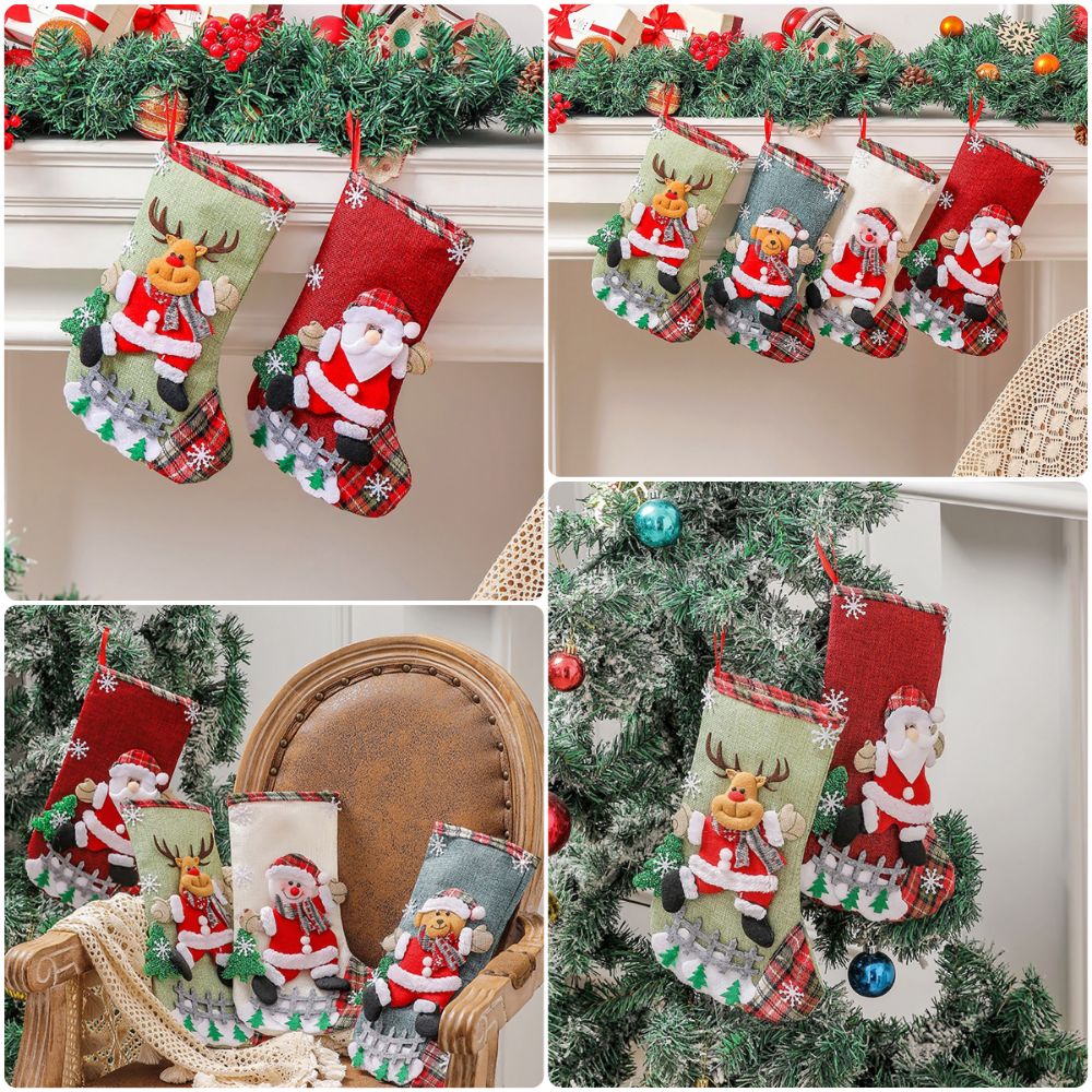 Christmas Stocking Hanging - マルチカラーのクリスマスストッキング、雪だるま、鹿、クマ、漫画のサンタ、クリスマスソックス、シーンレイアウト、吊り下げ装飾