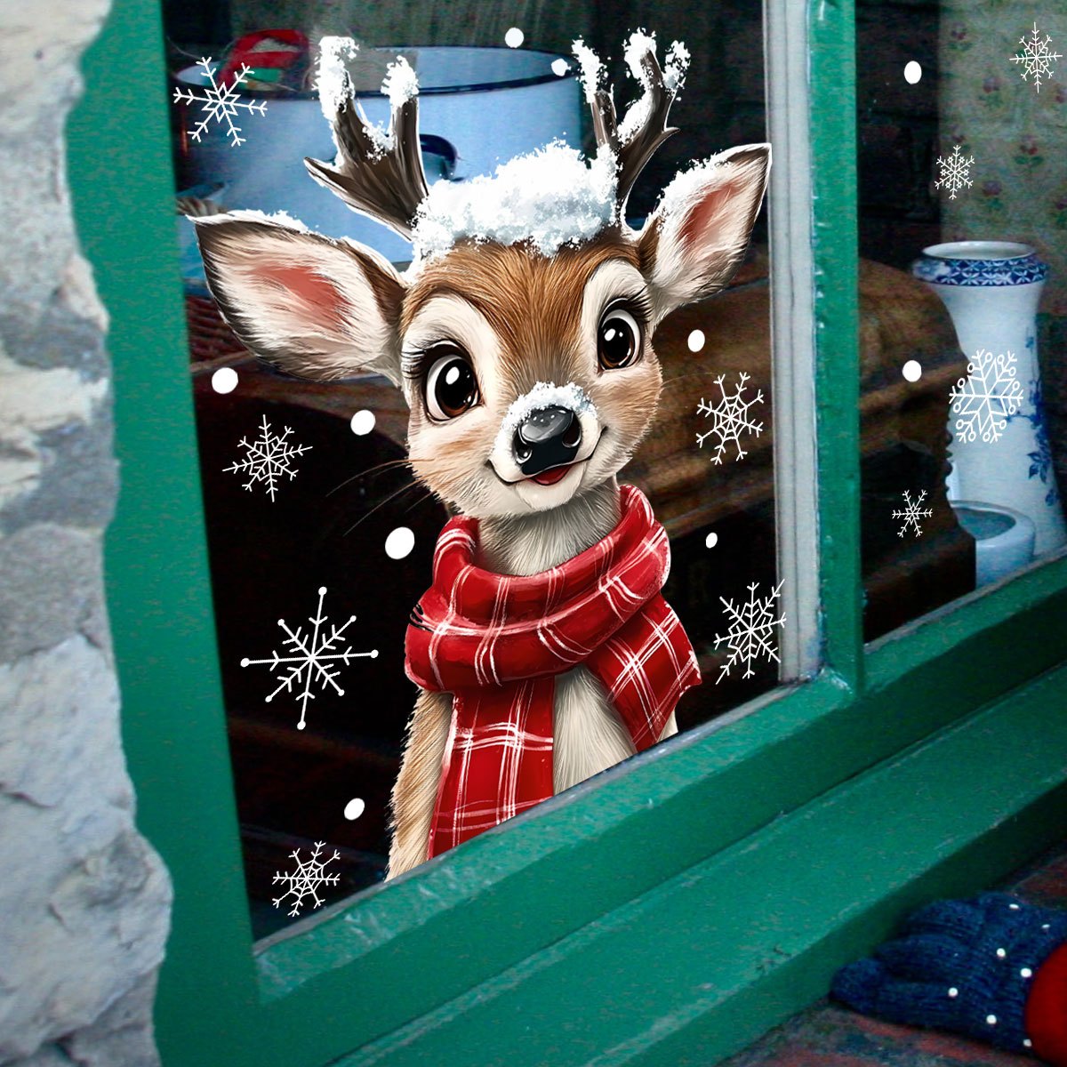 1pc クリスマススカーフスノーフレークトナカイ窓ガラスデカ - Snowflake Window Decal のレビューと価格