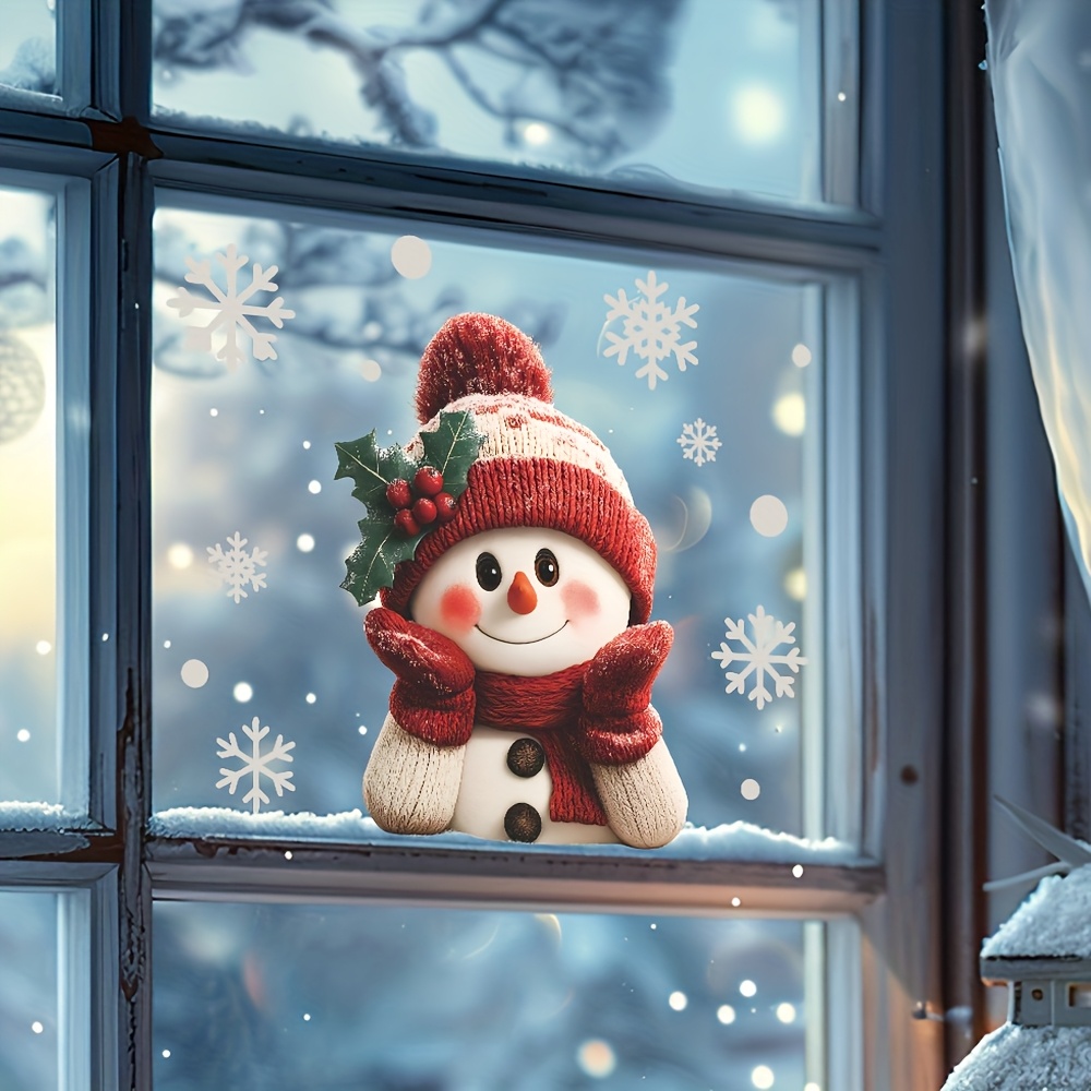1枚入り 2Dフラット笑顔の雪だるま 雪の結晶付き 静電気で - Snowflake Window Decal のレビューと価格